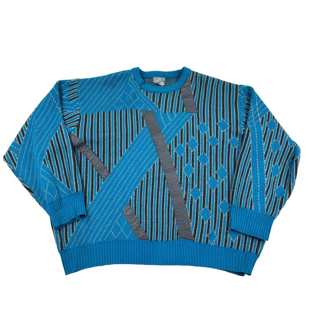 Vintage Grandpa Sweater Men 3X 3XL Teal Geometric Knit 90s Acrylic Cosby Retro